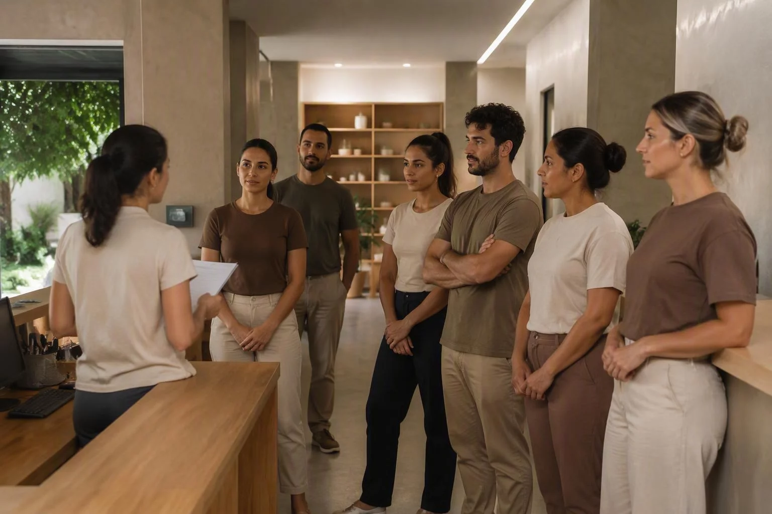 Recepção de uma loja com a equipe reunida antes da abertura