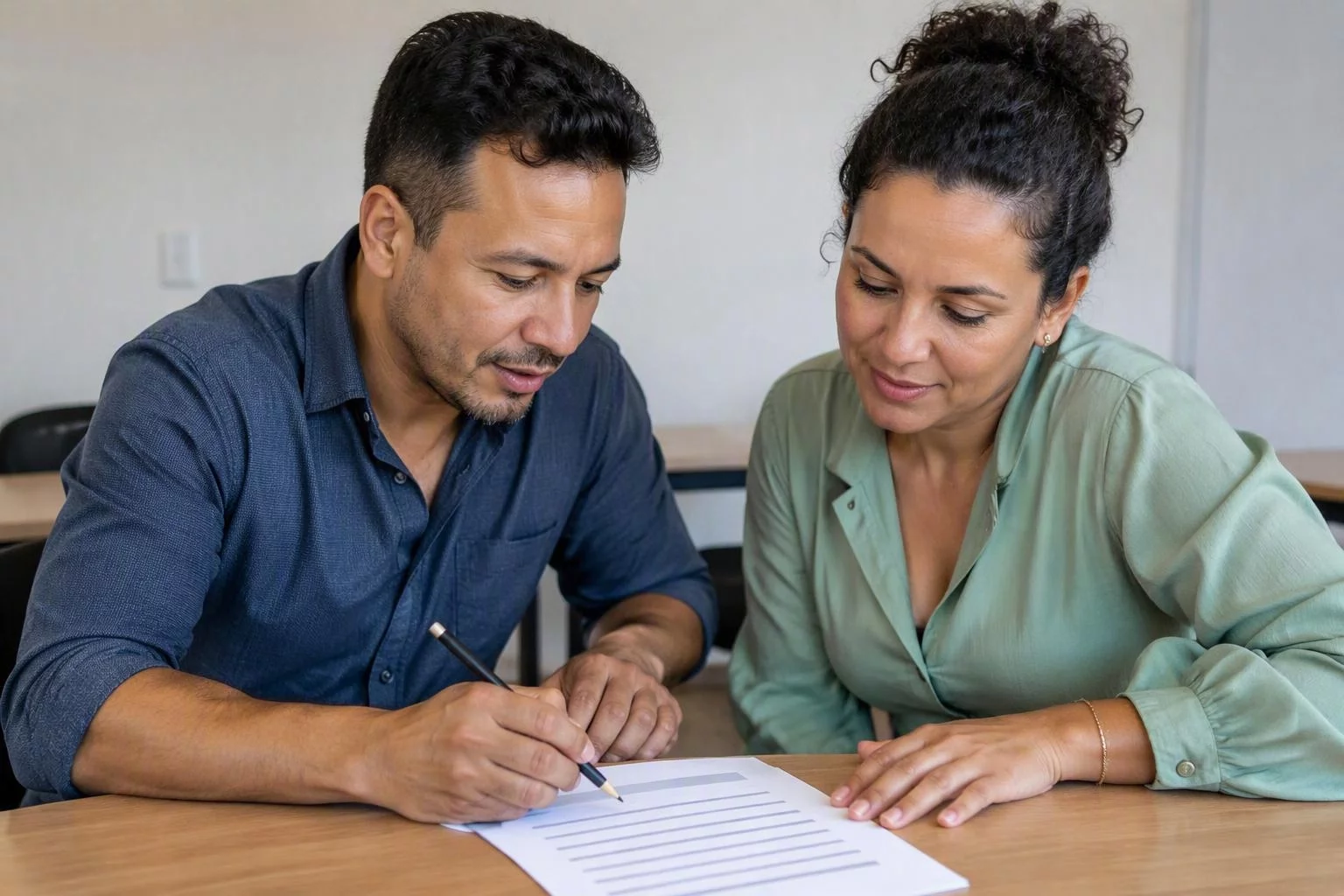 Duas pessoas sentadas lado a lado revisando uma ficha de função